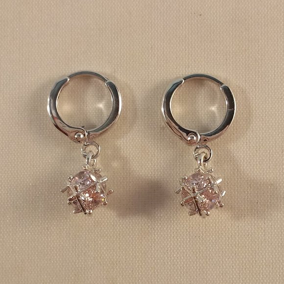 18K White Gold Filled Mystical Magic Ball Pink Diamond Zircon Dangle Earrings - Picture 2 of 4